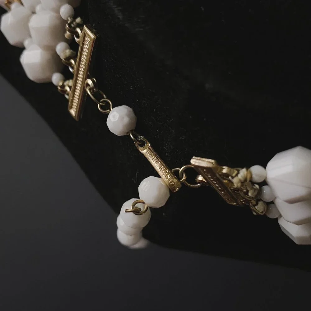 Vintage Hong Kong White Gold Square Chunky Beaded Layered Multi Strand Necklace - Picture 7 of 12